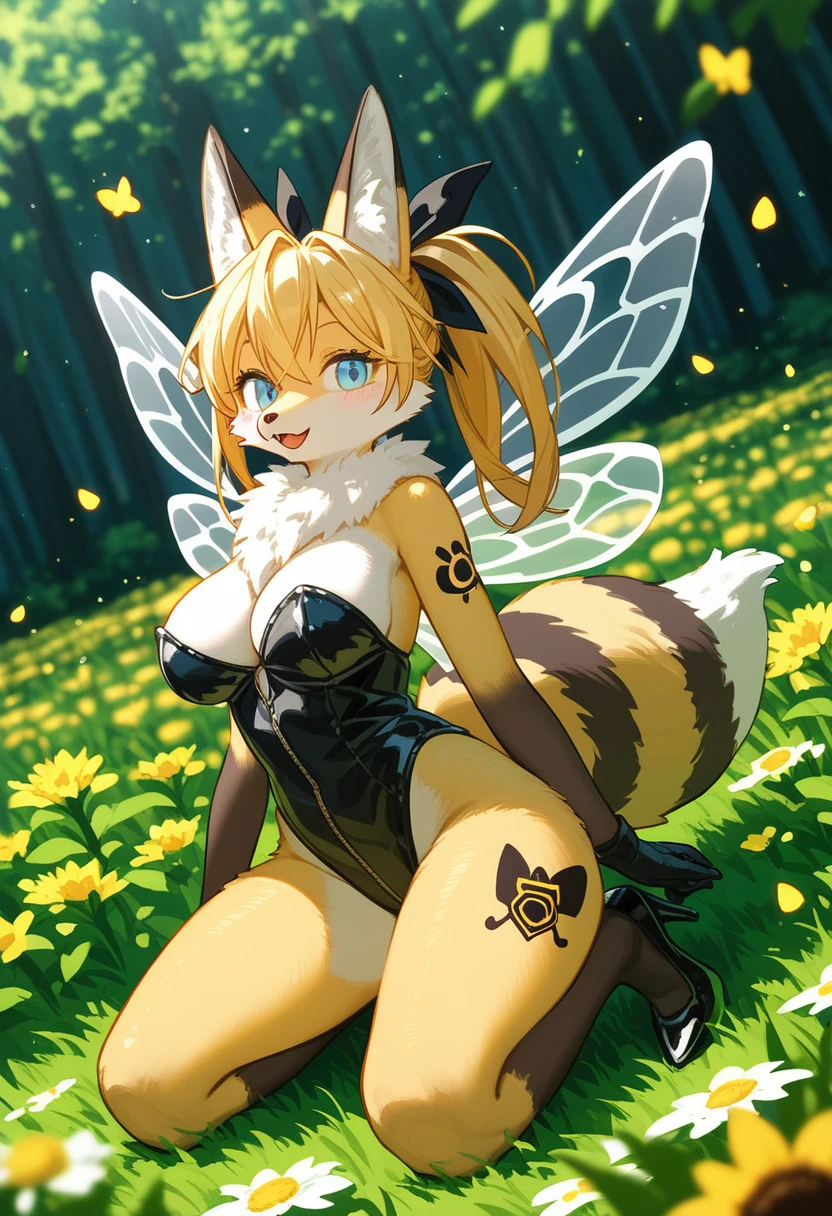 Highest quality, Highest quality, High quality illustrations, masterpiece, Ultra-high resolution, Detailed Background, bee蜜のプール, in the forest, Flower Field, Absurd, Perfect Anatomy, performance, Good lighting, Shadows in the movies(kemono, Furry Personifi猫ion), fox, bee, Honey Latex, bee蜜のローション, neon, neonカラー, cyber punk, 蜜beeの衣装, 蜜beeコスプレ, ラバーの蜜beeの尻尾, Bee Wings, enamel, bee蜜のプール, bee蜜のローションを浴びている, bee蜜のスライムを纏っている, Tattoo, High heels, Kneeling, Dynamic Angle