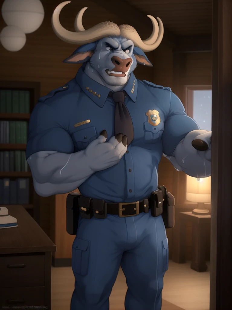 (by spiritd, by honovy, by zenthetiger, by zaush), Very strong but very craving in face chief bogo, male sexy , cape fur buffalo, solo, necktie, safe, clothed, open police uniform, standing, horn, muscular, tree house :1.2 , plants, lights, night, lying in bed, muscular, Boby_ fur grises, claws in five, huge pink_penis, super huge big_balls brown, huge nipples,Giant big breasted gris hair, (sweat :1.4),perfect eyes brown, good in angry, tongue in happy mouth,