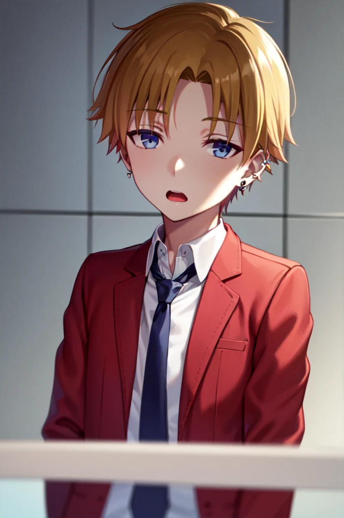 Masterpiece, best quality, 1boy, upper body, necktie, (black ear piercing), open mouth, simple backround, blonde hair, expressionless, short hair, jacket, looking at viewer, red jacket