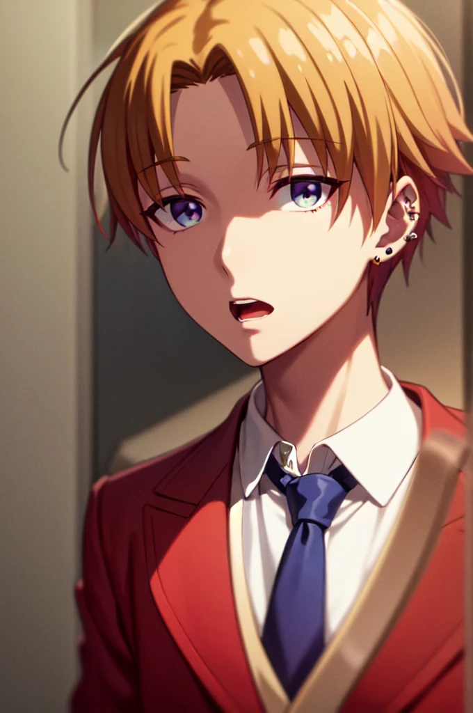 Masterpiece, best quality, 1boy, upper body, necktie, (black ear piercing), open mouth, simple backround, blonde hair, expressionless, short hair, jacket, looking at viewer, red jacket