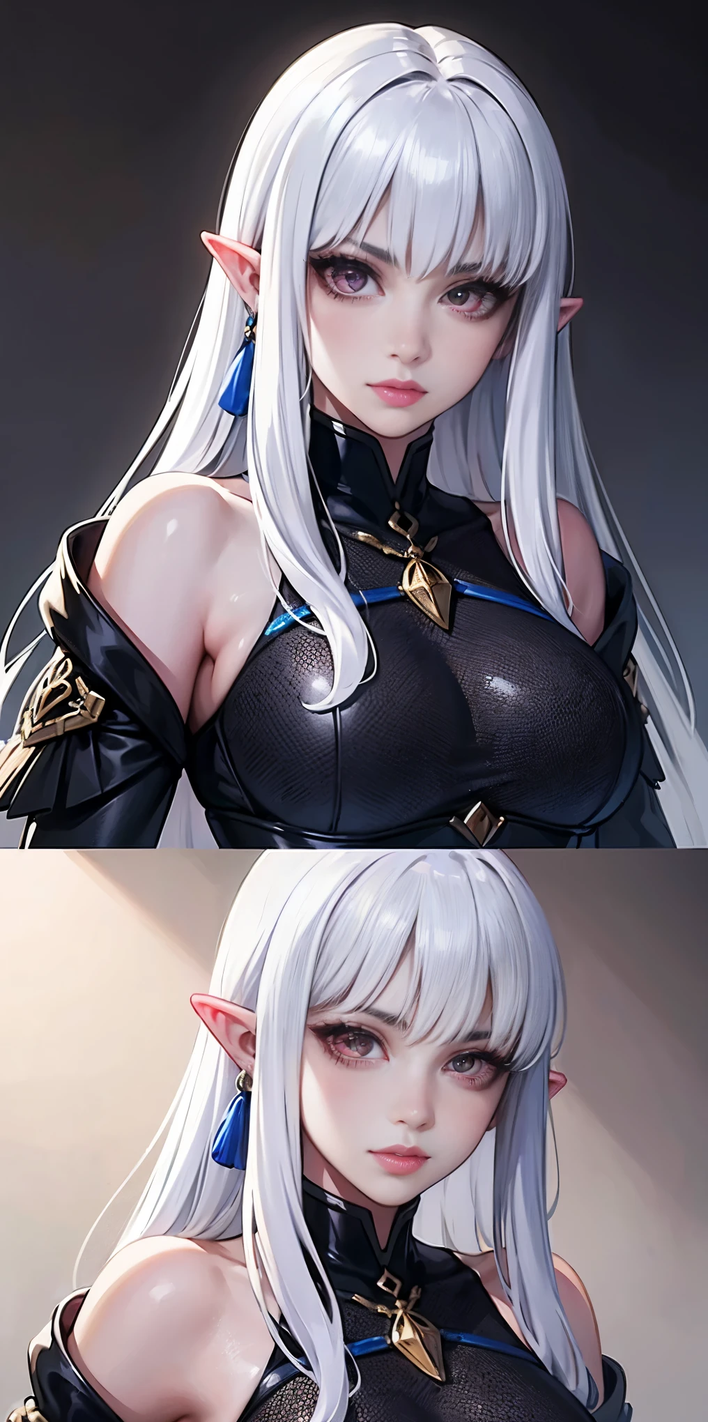 female with blue skin, white hair, red ayes, pointy ears, hyper realistic, Ultra detail, high res
