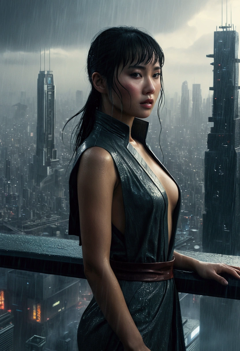 Inspired photorealistic image of future city "Blade Runner", A beautiful Asian girl stands on the terrace of a skyscraper overlooking the city. it is raining,There are 16 scenes:9 Aspect Ratio (Please include terrace roof)), View from the rear three quarters