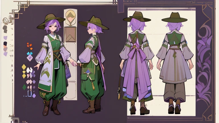 (Masterpiece, best quality), detailed, 1 gardener woman, ((character concept art)), ((character design sheet, reference sheet, same character, front, side, back)), full body, body complete, 1 gardener female, 1 gardener women. Character design sheet full body, Highly detailed, character sheet, character design, Many parts, pale skin, green eyes, short purple hair, male hairstyle, short male hair, lavender flower, lavender flower reference, lavender flower character reference, lavender flower inspired, flat chest, garden hat, gardening hat, pants, Ecofashion, Ecopunk, Ecology, Earthy clothing, gardening clothing, gardening, garden, Solarpunk, Solarpunk reference, Solarpunk inspired, cottagecore aesthetic, cottagecore, pants.
