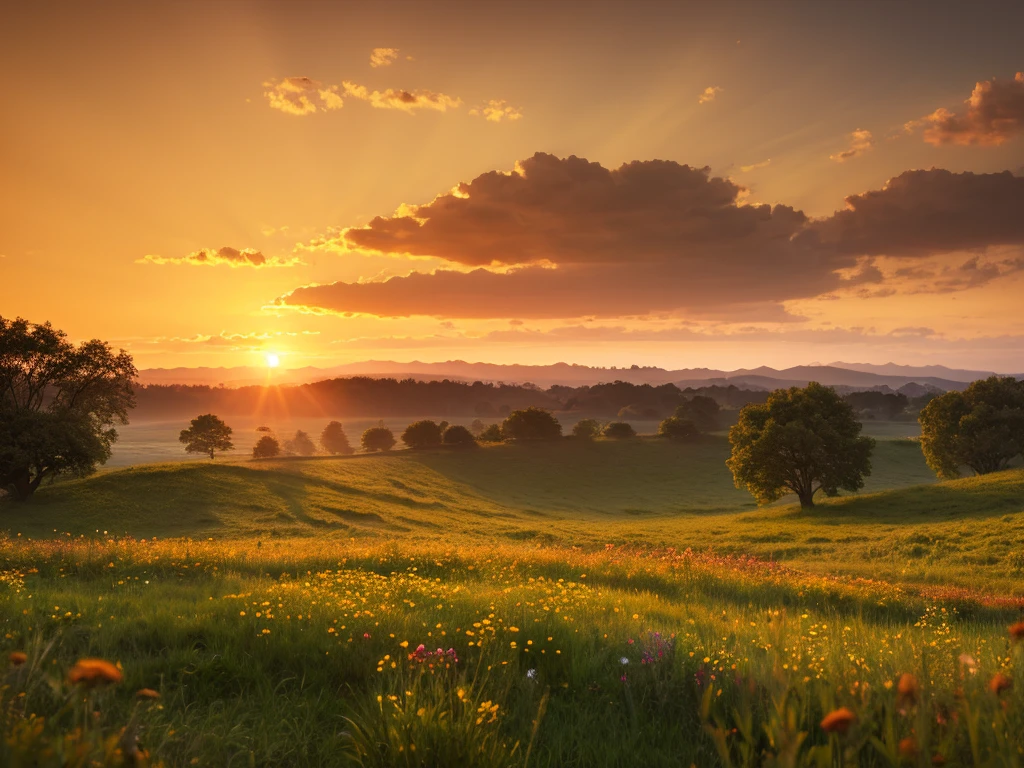 a serene morning landscape, a beautiful golden sunrise over the horizon, a lush meadow with wildflowers, a tranquil lake reflecting the sky, a lone tree silhouetted against the dawn sky, birds taking flight, atmospheric lighting, warm color tones, cinematic composition, (best quality,4k,8k,highres,masterpiece:1.2),ultra-detailed,(realistic,photorealistic,photo-realistic:1.37),landscape,nature,morning,dawn,scenic,peaceful,idyllic,serene,atmospheric,cinematic