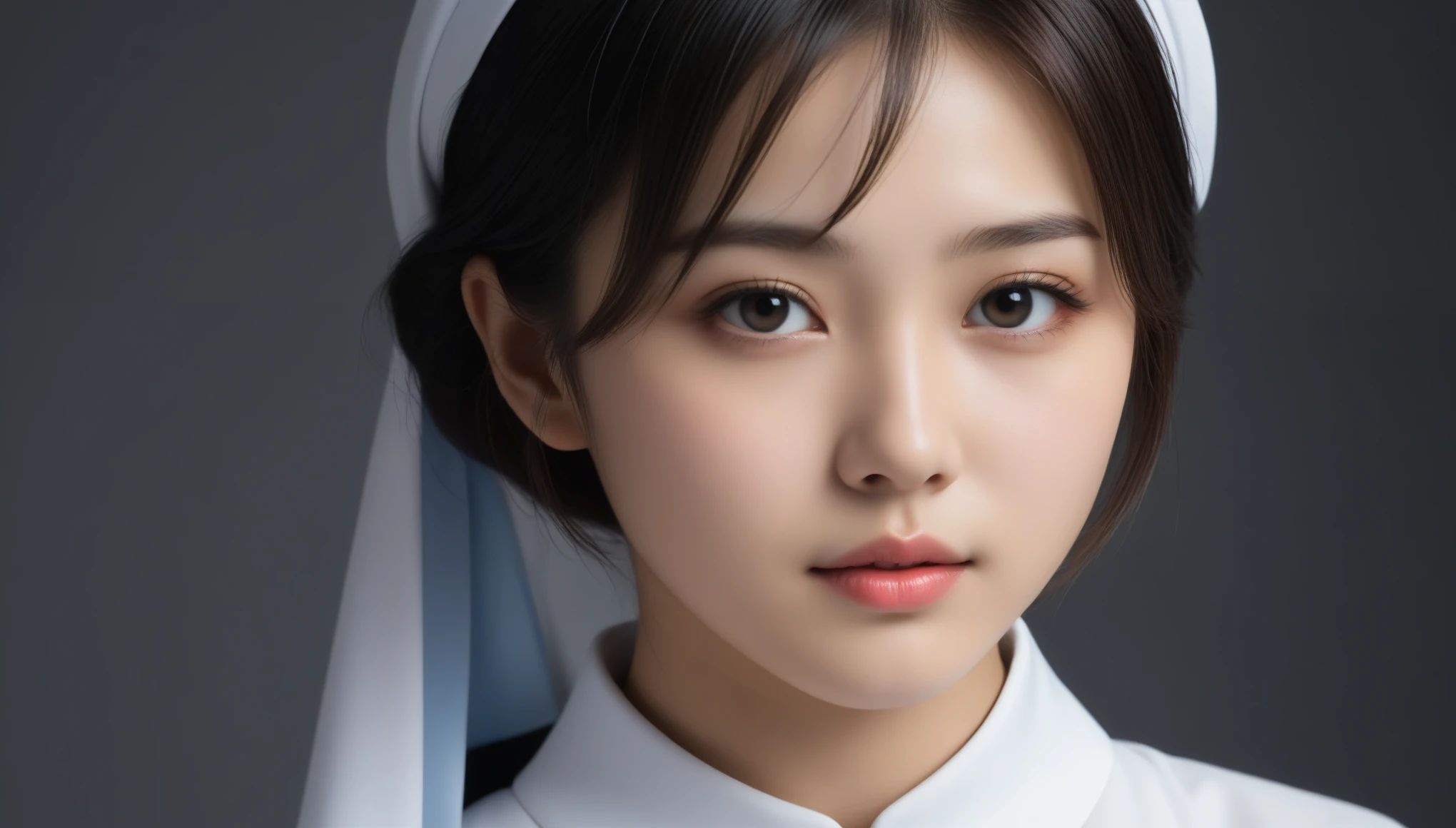 8k, Ultra-high resolution, Highest quality, masterpiece, 三分割法によるphotograph,Surreal, photograph, 1 Girl, (:1.3), pretty girl, Cute Face, Beautiful eyes in every detail, 細かくdetailedに,masterpiece,One Girl:1.2, Japan Female Announcer,extream close up,sad,streaming tears,Black short hair,Messy hair,(Nun's clothing:1.3),(印象派の美しい少女のPortraiture), (Gray background:1.3),(Impressionist light and colour),prayer,Realistic Skin, Perfect and beautiful face ,完璧でCute Face, Skin with attention to detail, Perfect limbs、Narrow waist,Looking at the audience、beauty,Long neck,clavicle,(((Ideal body type))),A cup small breasts :2,Portraiture:2,Perfect Anatomy,鮮明なdetailed,detailed,Surreal,Light and shadow,spotlight