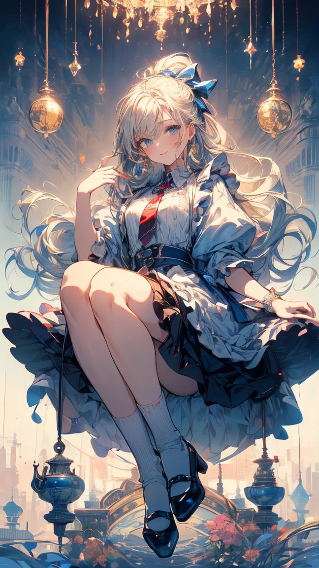 (high quality, mystery, Beautiful and generous, Ideal body proportions, Impressionism), (Ultra-high resolution, 8K Original Photo, Photorealism, Natural Lighting, Textile Shading), (1. A:1.3, Solitary:1.5, :1.1), (Fractal Pattern Art:1.2), Smooth skin, Tile pattern, ((Alice in Wonderland:1.2, Girl floating in the air:1.5, Smile with half-closed eyes)), ((Flying cards, trump card, Floating teacups, Floating teapot, Pocket Watch:1.3, Large mirror, Lipstick)), Cute anime white rabbit, ((Dark blue dress :1.5, mini skirt, White apron, White socks)), (Platinum gold, Tie your hair with a ribbon), (blue eyes, Bright students and highlights, Delicate eyes), (Supine:1.2, Lean Back:1.2, Leg lift:1.3), ((Hook of Holland:1.5, whole body:1.3, From below)), Different tone wallpaper, Color images, Simple background, excellent, fantasy:1.5, ((Correct anatomy:1.5, The right hand))