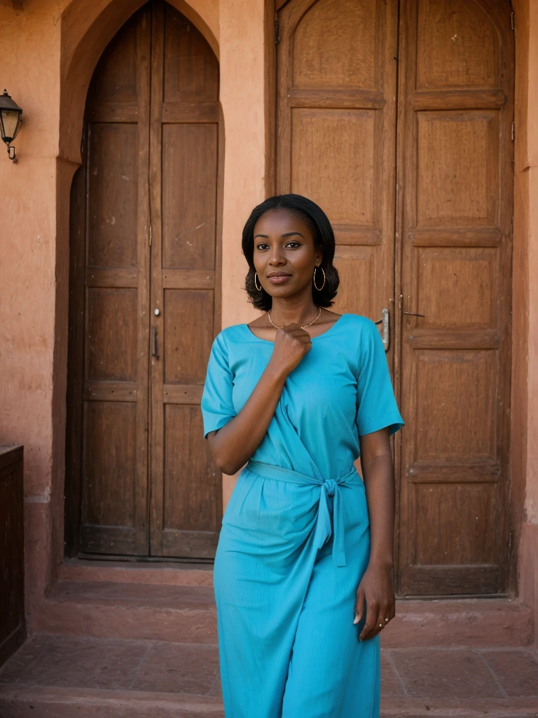 Amira, 1girl, solo, ((Sudanese woman)), consistent face and body, (()), ((30 years old)), (matu(slim)), ((Sudanese face)), (Sudanese nose), (Sudanese lips), short hair, upper body and upper legs, (background: bustling souks in Morocco), BREAK, (wearing stylish loose-fitting.)