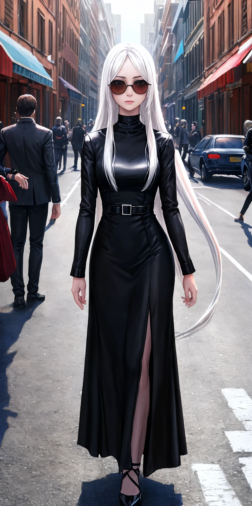 Ultra Quality, Shiny Skin, Atmospheric, 8K, Cinematic ((Street background)) BREAK ((Long White Hair)) narrowed black eyes, long black dress, fingers crossed, sunglasses