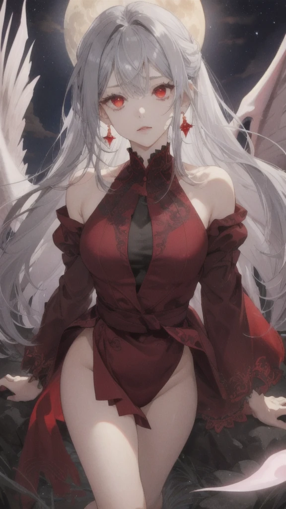 (Highest quality,Very detailed,High resolution:1.2),One Girl,Gray Hair,The most beautiful girl in human history,暗い red eyes (暗いred eyes:1.1),さみし気な aura(aura:1.1),(mysterious,Ghostly:1.1) atmosphere,Looks like half a demon,(Demonic traits,Demonic traits),(Elaborate,wonderful) Earrings,Big Breasts,Small Ass,Elongated beautiful legs、Nasty underwear appearance,A big full moon shines in the dark night sky、Dirty body、Clear eyes、Sad look