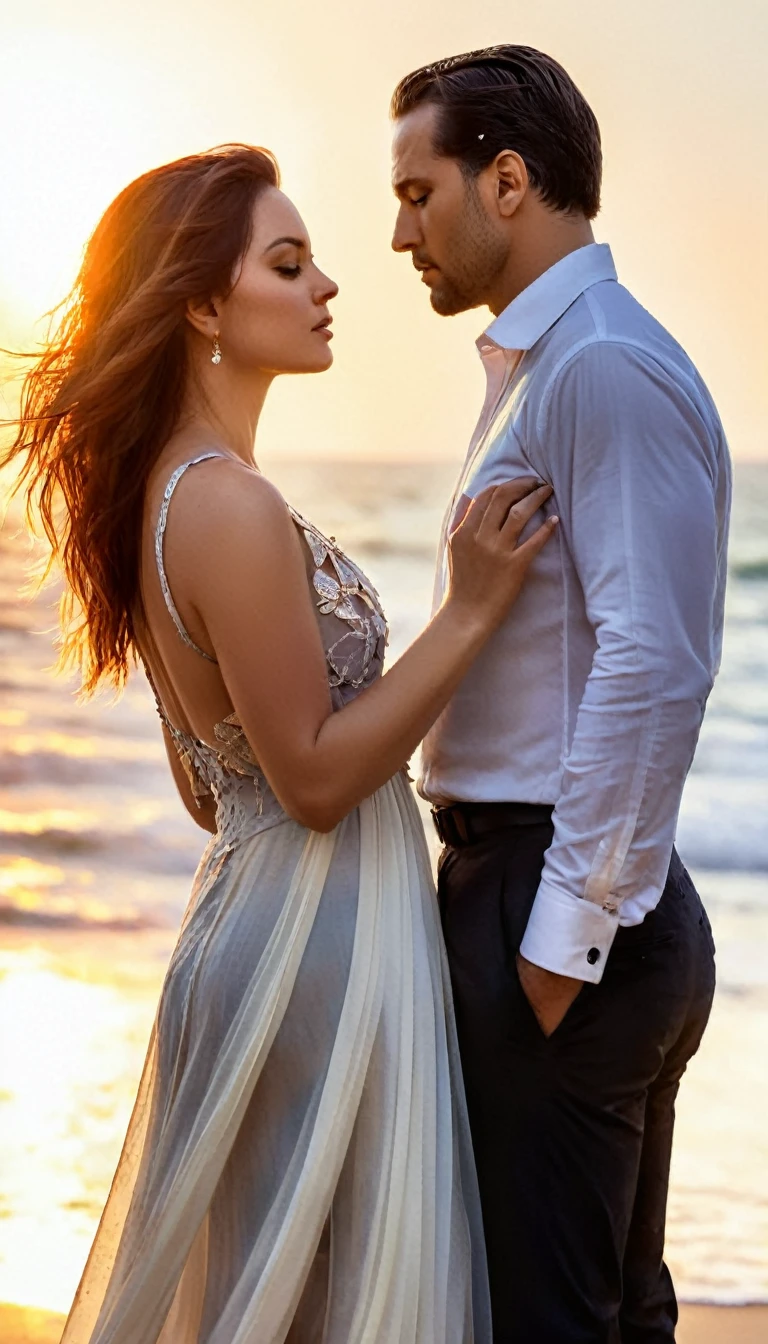 mj, RTX, 4k, HDR, Anna Razumovskaya, Casey Baugh, Antonio Mora, Aminola Rezai, Giovanni Boldini, art, realistic art. Silhouette of a middle-aged Israeli couple, man and woman with dark long hair, hugging under the setting sun on the beach, their forms merging in passionate unity, surrounded by the vibrant hues of dusk, a swirling haze of floating butterflies, a watercolor atmosphere echoing the fluidity of their love, romantic, enchanting and warm, emphasized by the sophistication of oil painting and the unbridled brightness of the sunset,