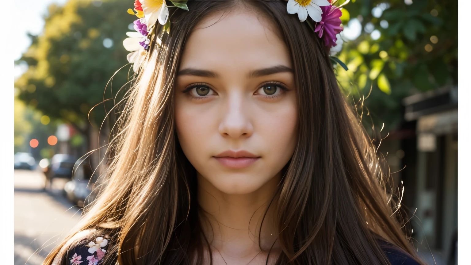 (close up headshot), Masterpiece, best quality, ((70's - 1970)), (San fransisco street), moonlight, BREAK ((clothes hippie)), flower crown, ((woodstock)), (rock n roll), peace symbol, flowers, ((wearing only flowers, and flowers)), BREAK colorful leaves and flowers growing from hair, rainbow love and peace , BREAK long hair, (straight hair), pale skin, fair skin, white skin, large breasts, BREAK, Sigrid Bazan