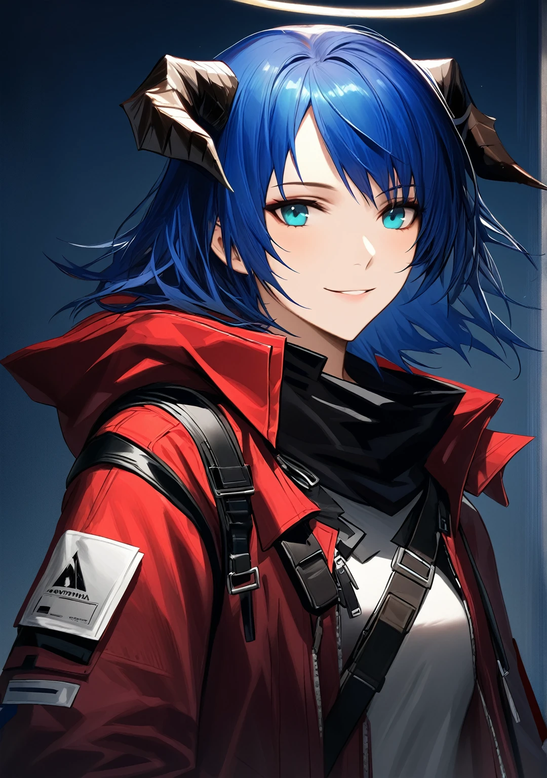(woman), ((Mostima from arknights)), masterpiece, best quality, blue hair, ((short hair)), horns, plain white shirt, red fullbody coat, red hood, dark blue eyes, realistic anime style, smiling, ((portrait)), black gloves, carring a bag, halo.