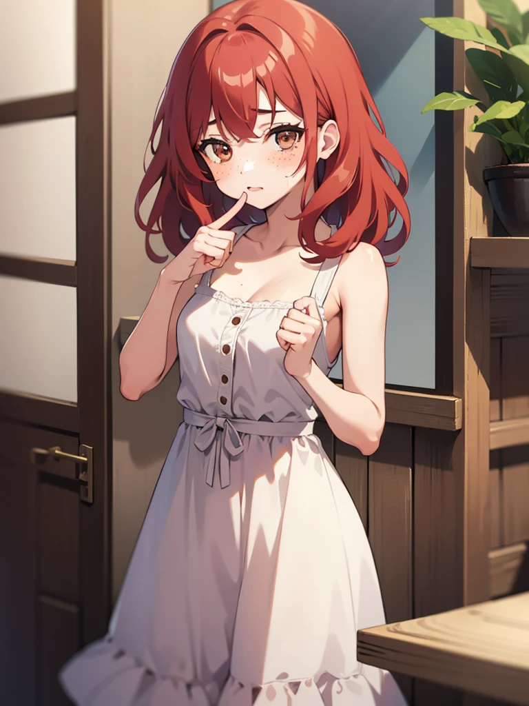 1 girl, Red hair, blushing, medium length hair, curly hair, freckles, brown eyes,   body shape, small breast, cute dress