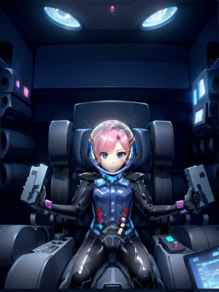 eva helm, spacesuit , astronaut), from above, pink hair, bubble helmet, space helmet, (1girl:1.1) wearing a (spacesuit:1.15), white cargo pants, (ugh, wtf do these buttons do:1.3), inside the cockpit of a (futuristic spaceship:1.1), sitting in the captains chair, (intricate control panels:1.3), (gleaming metal:1.1), surrounded by many buttons and dials and gauges, (confused:1.3), (worried expression:1.1), (nervous:1.1), concerned, beautiful 8k wallpaper, highly advanced, (sleek design:1.3), intricate, highres, superb, 8k wallpaper, extremely detailed, intricate,