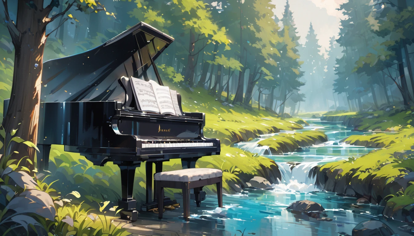 A piano in the middle of the woods near a river、Oil painting style