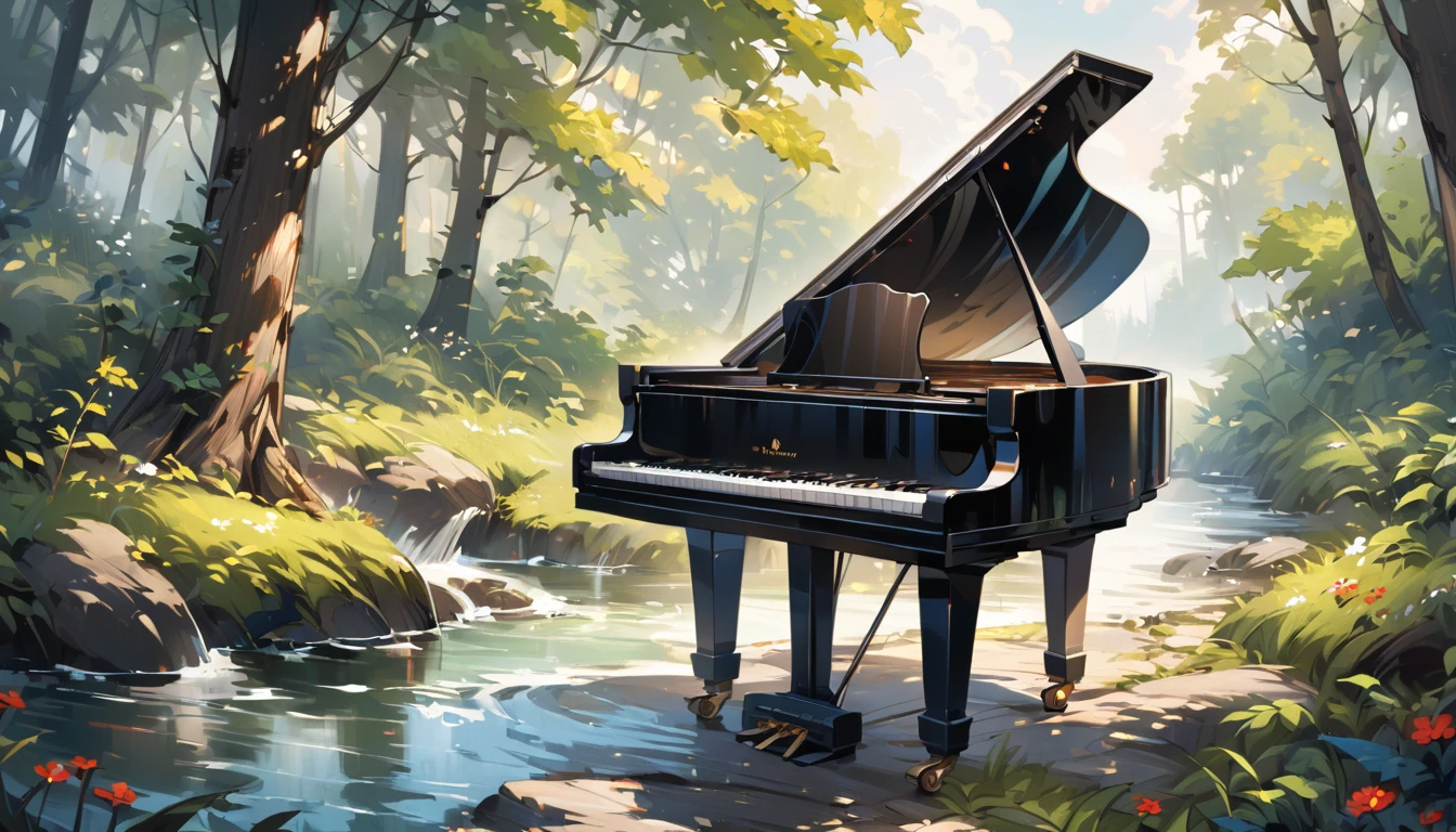 A piano in the middle of the woods near a river、Oil painting style