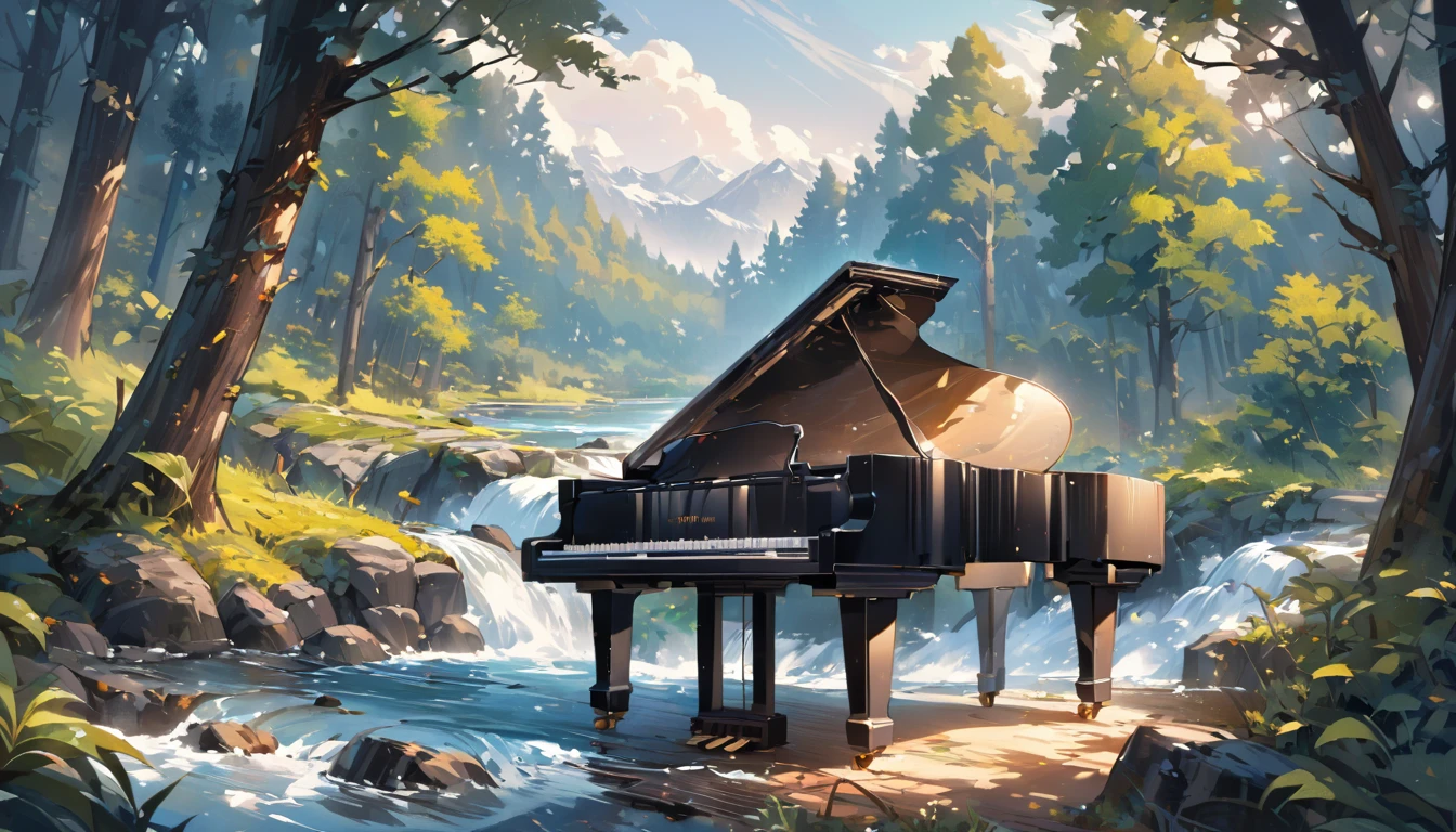 A piano in the middle of the woods near a river、Oil painting style
