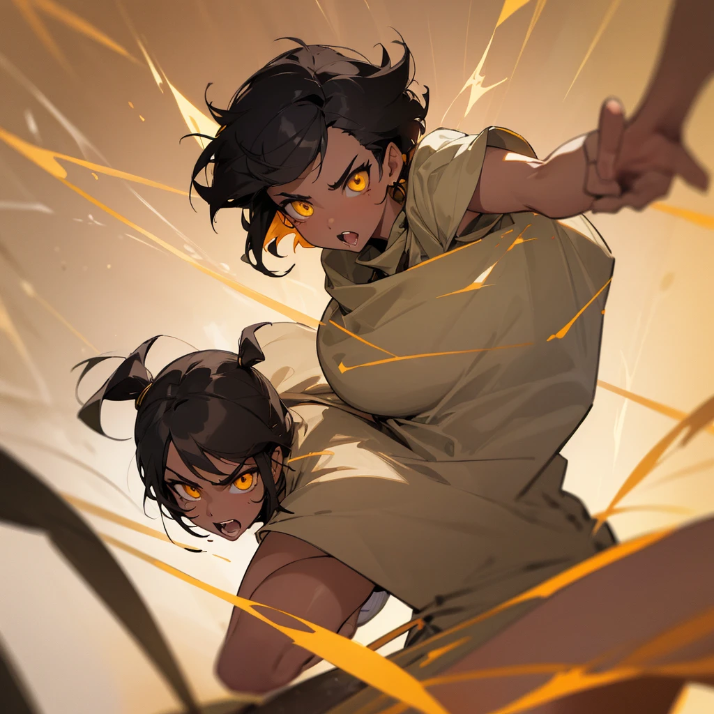 Fierce woman golden eyes, tan skin, wild short black hair