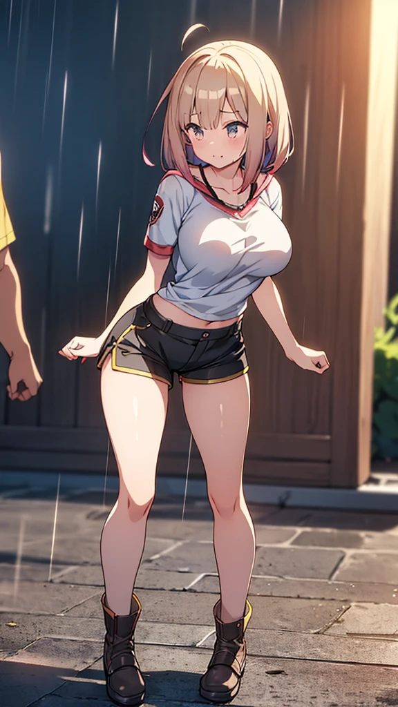 Full body image, front, One girl, 18-year-old, Mix 4, (32K, RAW Photos, Highest quality, masterpiece:1.2), (Anime-like, photoAnime-like:1.37), cute, カジュアルウェア, Short sleeve T-shirt,Shorts,Black knee socks, night, rain, Humidity, Professional Lighting, Photon Mapping, Radio City, Physically Based Rendering, Super Resolution, (Big Breasts:1.2), {{The biological weapon that had preyed on the younger sister took her place and reunited with the older brother, The rebellious little sister has become the obedient little sister}}, Girl Skull, whole body, NSFW