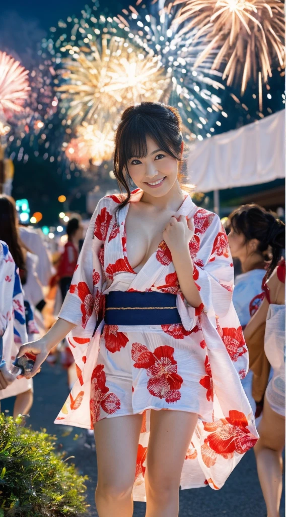 ((Masterpiece,Highest quality,Highest quality,8k,16K,Ultra-high resolution,Extremely detailed,Hyper Quality)),Japanese,Female college student,Beauty,clear,pure,Cute Girls,Large Breasts(G Cup),yukata,Summer festival,firework,night,(がyukataを着てSummer festivalのfireworkをバックに楽しそうに佇んでいる様子)