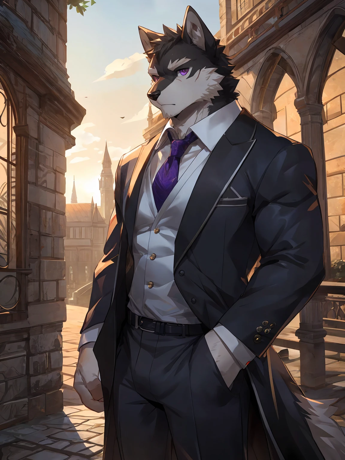 embedding:black wolf, male,purple eyes,Scar on the face, scar on the body,Single person,Smart posture, smart expression,father,Majestic, mob boss.Manor style architecture,Just got off at the gate of the manor.Tall, mature,father,A modern manor,In the courtyard,Gravel road,Serious,Everyday attire,Formal,Handsome, silent,Maturity,The highest quality of scene detail,adult,Tall and powerful,muscle,Exquisite scenes,Best quality hands, best quality eye,detailed fur,Delicate eyes.Extreme picture quality,by sollyz,by zixiong,by milkytiger1145
