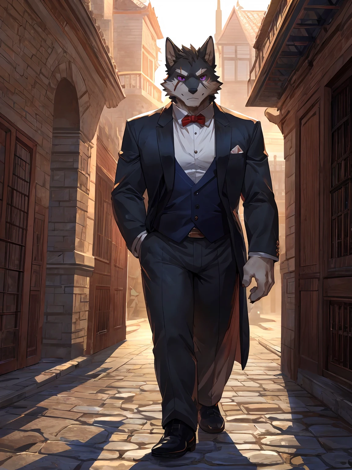 embedding:black wolf, male,purple eyes,Scar on the face, scar on the body,Single person,Smart posture, smart expression,father,Majestic, mob boss.Manor style architecture,Just got off at the gate of the manor.Tall, mature,father，A modern manor,In the courtyard,Gravel road,Serious,Everyday attire,Formal,Handsome, silent,Maturity,The highest quality of scene detail,adult,Tall and powerful,muscle，Exquisite scenes,Best quality hands, best quality eye，detailed fur，Delicate eyes.Extreme picture quality，by sollyz,by zixiong,by milkytiger1145