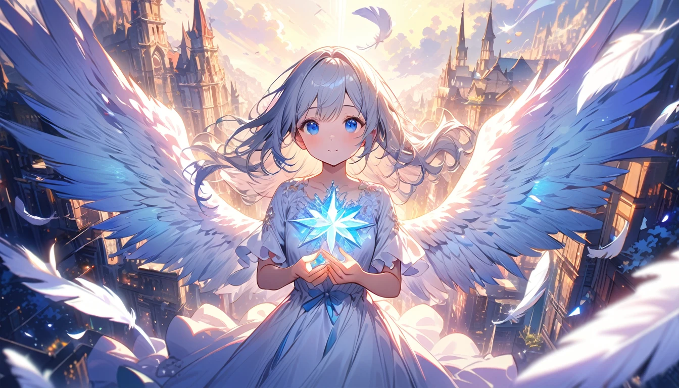 (best quality:1.2),(hands finger 5 digits:1.3),(extremely delicate and beautiful:1.3),(detailed ultra detailed:1.2),(scenery clear details:1.2),(scenery crystal clear :1.2),(solo),(blue eyes),(long white long hair),(white dress),(angel wings),(floating white feathers,starry sky),(clusters of stars,starry sky),(glinting stars),(solo),(long silver long hair),(best quality:1.2),(hands finger 5 digits:1.3),(extremely delicate and beautiful:1.3),(detailed ultra detailed:1.2),(scenery clear details:1.2),