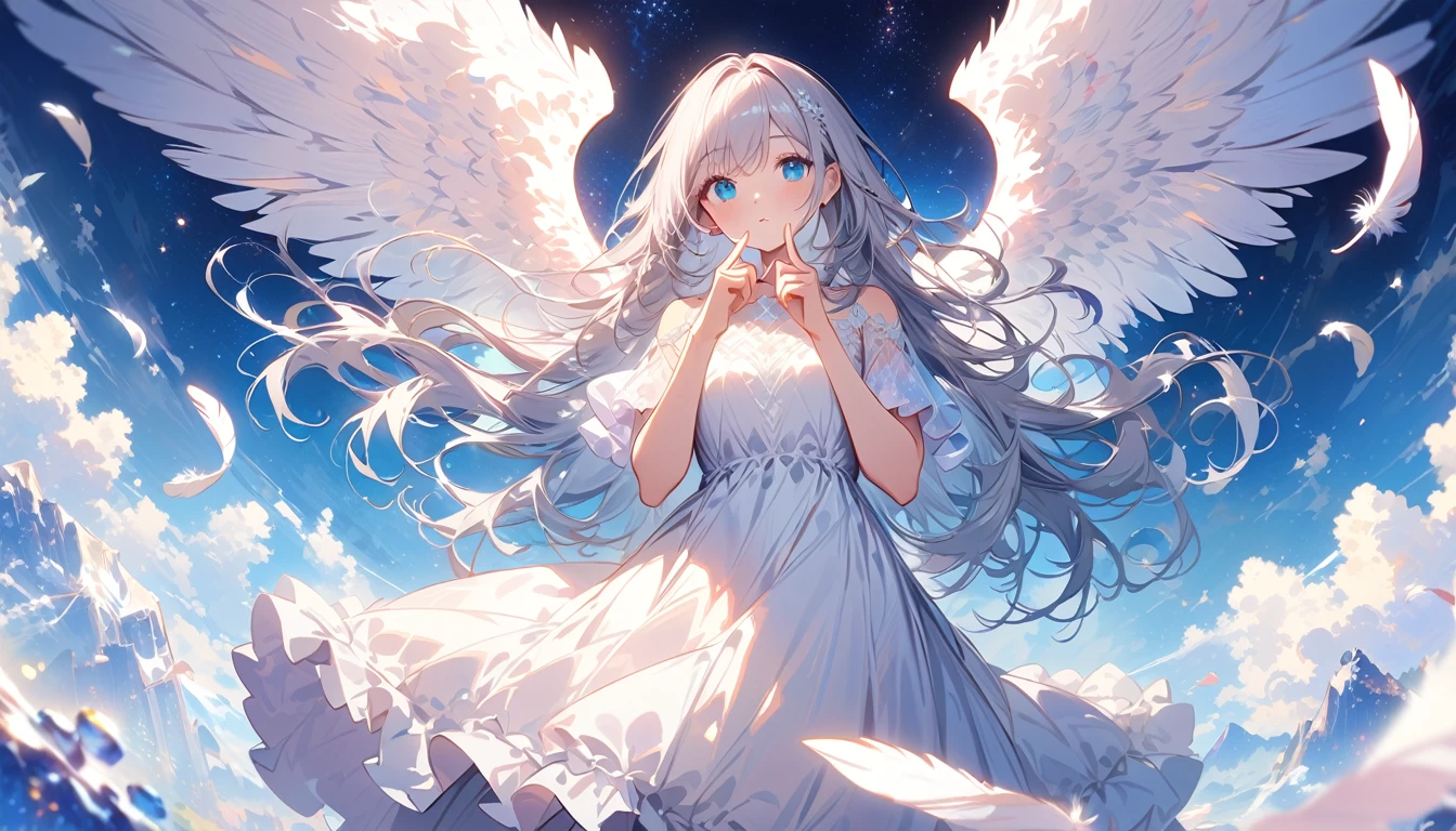(best quality:1.2),(hands finger 5 digits:1.3),(extremely delicate and beautiful:1.3),(detailed ultra detailed:1.2),(scenery clear details:1.2),(scenery crystal clear :1.2),(solo),(blue eyes),(long white long hair),(white dress),(angel wings),(floating white feathers,starry sky),(clusters of stars,starry sky),(glinting stars),(solo),(long silver long hair),(best quality:1.2),(hands finger 5 digits:1.3),(extremely delicate and beautiful:1.3),(detailed ultra detailed:1.2),(scenery clear details:1.2),