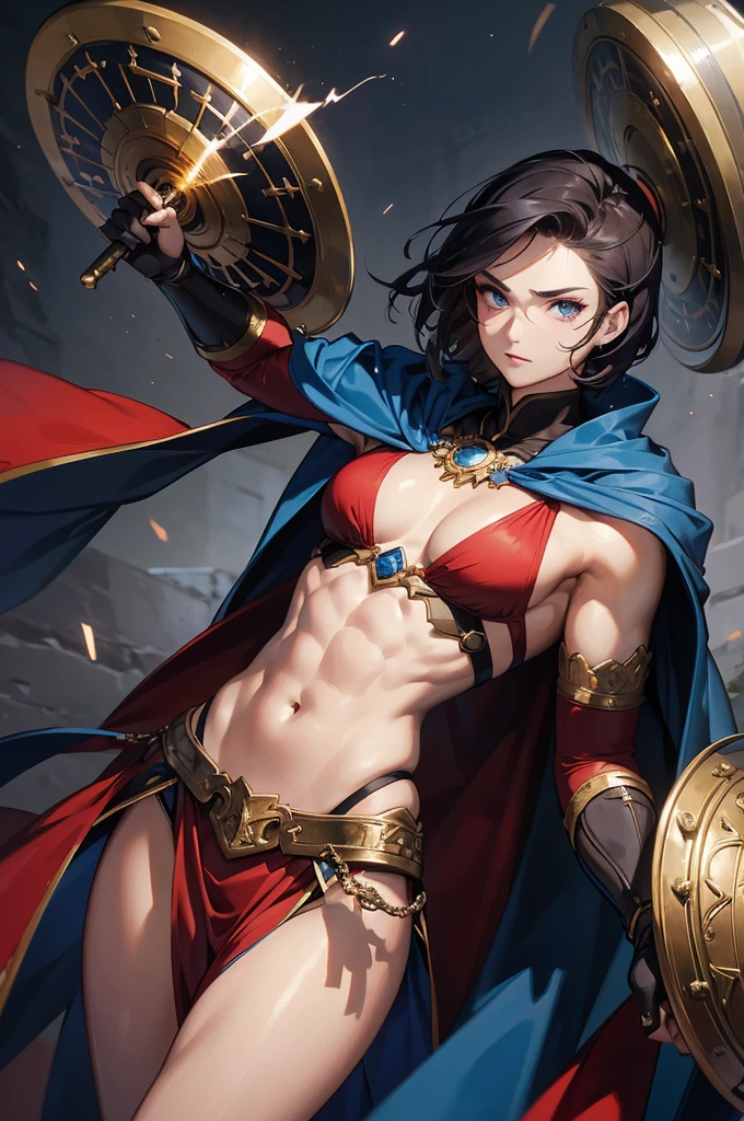 perseus, with an attractive and seductive appearance, exudes an aura of confidence and power. Her short and stylized hair, in a modern aesthetic cut, gives it a fresh and youthful look, accentuating your defined and masculine facial features. his eyes, of a deep blue color, They shine with determination and a spark of charm that does not go unnoticed. Her strong jaw and shapely lips complete her seductive look..
The armor he wears is a masterpiece of Greek forging, with a Greek tunic fitted perfectly to his athletic and muscular body. Forged in shiny bronze, The armor highlights his pectorals and abs, providing both protection and visual appeal. Design includes intricate details running across the chest and shoulders, with a short cape of red cloth that falls on his back, adding a touch of majesty. The bracelets and greaves complement the set, highlighting his strong and well-formed arms and legs. With a sword at his side and a shield on his back, perseus irradia una mezcla irresistible de peligro y seducción, ready to face any challenge with courage and style.