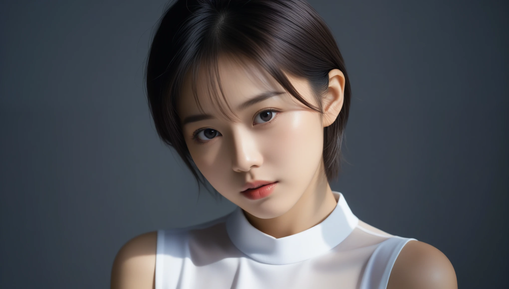 8k, Ultra-high resolution, Highest quality, masterpiece, 三分割法によるphotograph,Surreal, photograph, 1 Girl, (16 years old:1.3), pretty girl, Cute Face, Beautiful eyes in every detail, 細かくdetailedに,masterpiece,One Girl:1.2, Japan Female Announcer,extream close up,sad,streaming tears,Black short hair,Messy hair,(Nun's clothing:1.3),(印象派の美しい少女のPortraiture), (Gray background:1.3),(Impressionist light and colour),prayer,Realistic Skin, Perfect and beautiful face ,完璧でCute Face, Skin with attention to detail, Perfect limbs、Narrow waist,Looking at the audience、beauty,Long neck,clavicle,(((Ideal body type))),A cup small breasts :2,Portraiture:2,Perfect Anatomy,鮮明なdetailed,detailed,Surreal,Light and shadow,spotlight