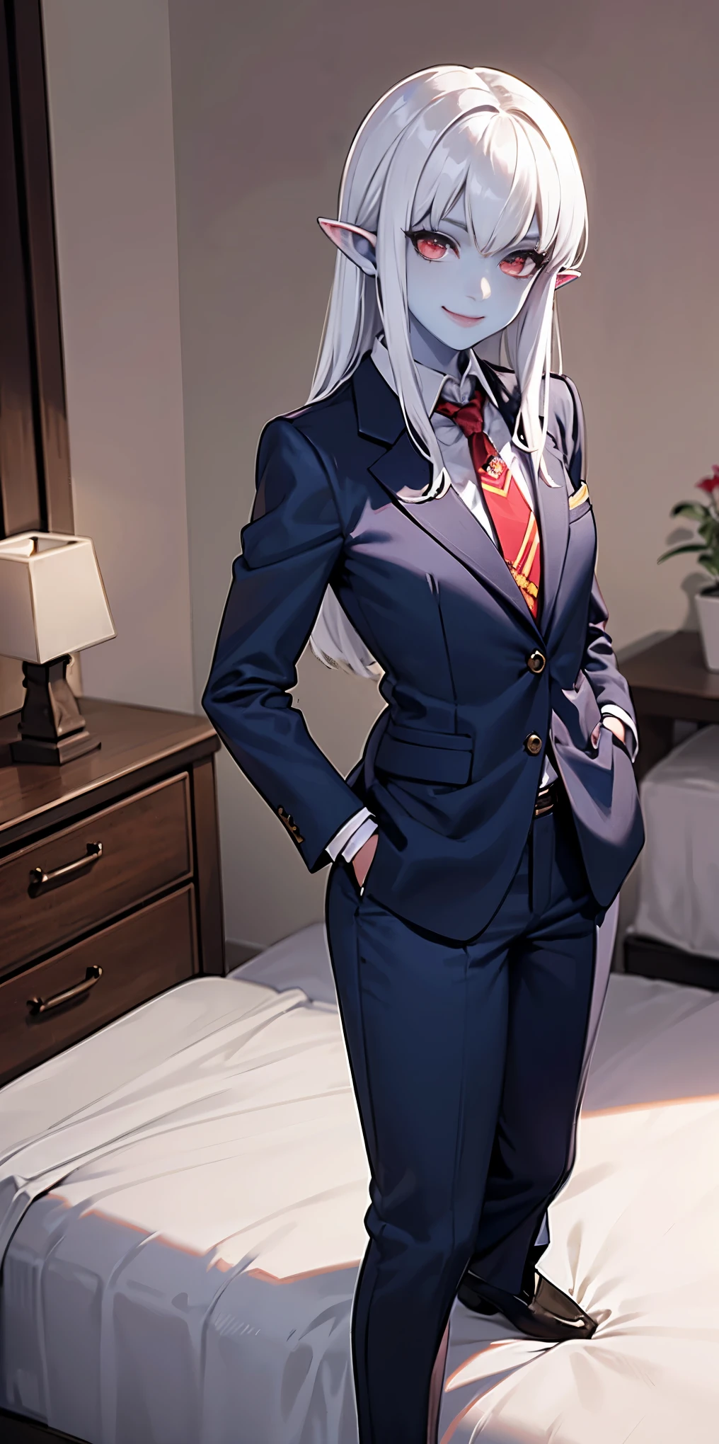 female with blue skin, white hair, red ayes, pointy ears, hyper realistic, Ultra detail, high res, 1girl, solo, standing, flat chest, suit, business suit, close-up, smile, arms at sides inside pockets, kneeling on bed (on her knees) bedroom background