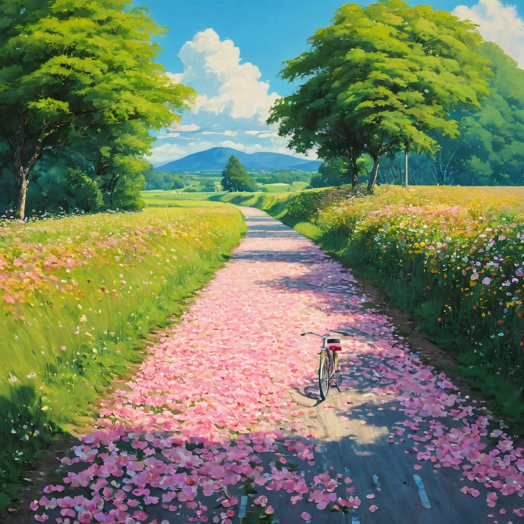 (((best quality)))), Realistic, authentic, beautiful and amazing landscape with a bike on the road oil painting Studio Ghibli Hayao Miyazaki pasture petals with blue sky and white clouds, no humans. A bike journeys west, the windshield flashing pink, pink glancing off of metal, brushing the dented flank of blue, beat-up enamel, Studio Ghibli