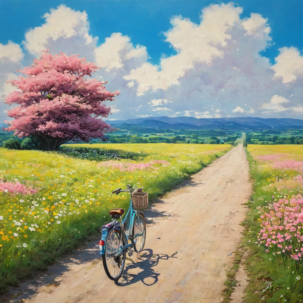 (((best quality)))), Realistic, authentic, beautiful and amazing landscape with a bike on the road oil painting Studio Ghibli Hayao Miyazaki pasture petals with blue sky and white clouds, no humans. A bike journeys west, the windshield flashing pink, pink glancing off of metal, brushing the dented flank of blue, beat-up enamel, Studio Ghibli