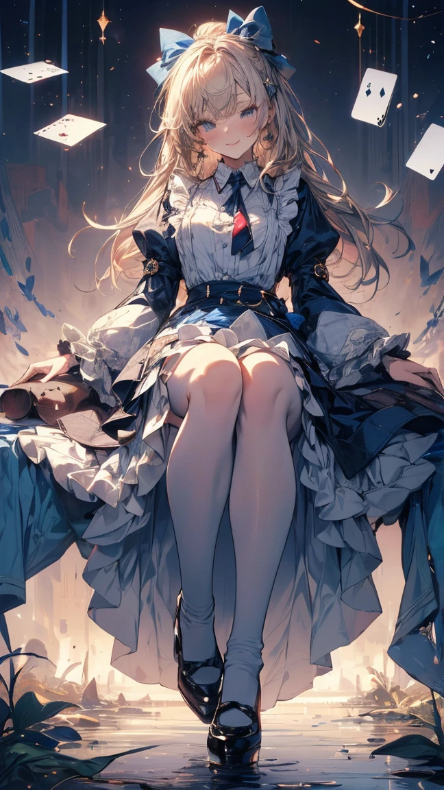 (high quality, mystery, Beautiful and generous, Ideal body proportions, Impressionism), (Ultra-high resolution, 8K Original Photo, Photorealism, Natural Lighting, Textile Shading), (1. A:1.3, Solitary:1.5, :1.1), (Fractal Pattern Art:1.2), Smooth skin, Tile pattern, ((Alice in Wonderland:1.2, Girl floating in the air:1.5, Smile with half-closed eyes)), ((Flying cards, trump card, Floating teacups, Floating teapot, Pocket Watch:1.3, Large mirror, Lipstick)), Cute anime white rabbit, ((Dark blue dress :1.5, mini skirt, White apron, White socks)), (Platinum gold, Tie your hair with a ribbon), (blue eyes, Bright students and highlights, Delicate eyes), (Supine:1.2, Lean Back:1.2, Leg lift:1.3), ((Hook of Holland:1.5, whole body:1.3, From below)), Different tone wallpaper, Color images, Simple background, excellent, fantasy:1.5, ((Correct anatomy:1.5, The right hand))