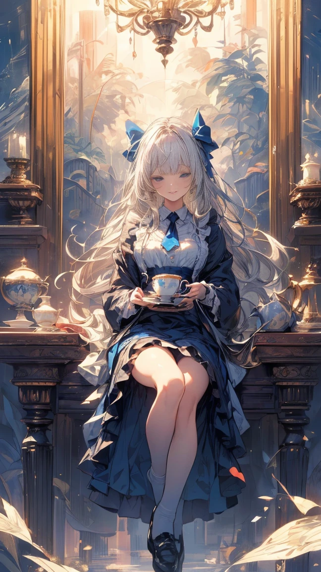 (high quality, mystery, Beautiful and generous, Ideal body proportions, Impressionism), (Ultra-high resolution, 8K Original Photo, Photorealism, Natural Lighting, Textile Shading), (1. A:1.3, Solitary:1.5, :1.1), (Fractal Pattern Art:1.2), Smooth skin, Tile pattern, ((Alice in Wonderland:1.2, Girl floating in the air:1.5, Smile with half-closed eyes)), ((Flying cards, trump card, Floating teacups, Floating teapot, Pocket Watch:1.3, Large mirror, Lipstick)), Cute anime white rabbit, ((Dark blue dress :1.5, mini skirt, White apron, White socks)), (Platinum gold, Tie your hair with a ribbon), (blue eyes, Bright students and highlights, Delicate eyes), (Supine:1.2, Lean Back:1.2, Leg lift:1.3), ((Hook of Holland:1.5, whole body:1.3, From below)), Different tone wallpaper, Color images, Simple background, excellent, fantasy:1.5, ((Correct anatomy:1.5, The right hand))