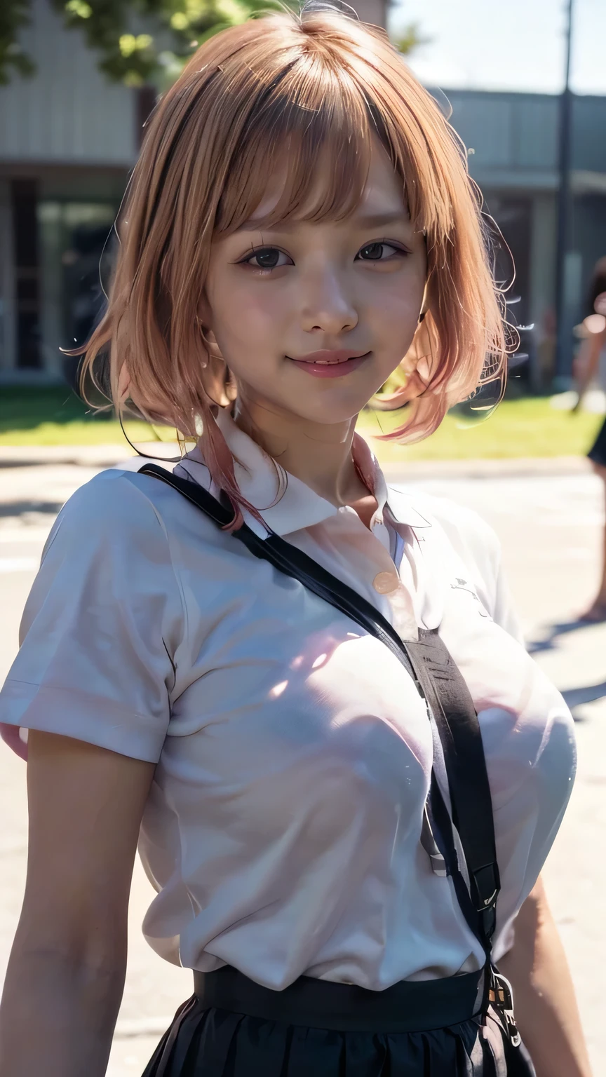 (Realistic、Like a photograph、Live Action、8k, Realistic, RAW Photos, Best image quality: 1.4), Single-lens reflex camera、RAW Photos, Highest quality, Realistic, Very detailed CG Unity 8k wallpaper, Written boundary depth, Cinematic Light, Lens flare, Ray Tracing, Realistic background、Many people々々々:1.4、((high school girl:1.4、Polo shirt:1.3、Uniform skirt:1.3)、Big Breasts、shoulder sports bag、The straps of the bag pass between the chest)、((ultra high density skin))、 1 female,Cute high school girl、((Girls cheering in the schoolyard、support、(whole body:1.5)、Smiling at school))、Pink inner color hair、short hair:1.2、tie your hair with a hair clip、I like that style、stylish、Very detailed、Pay attention to the details、Perfect outfit、(Sunburned skin)、Beautiful feet:1.1,front
