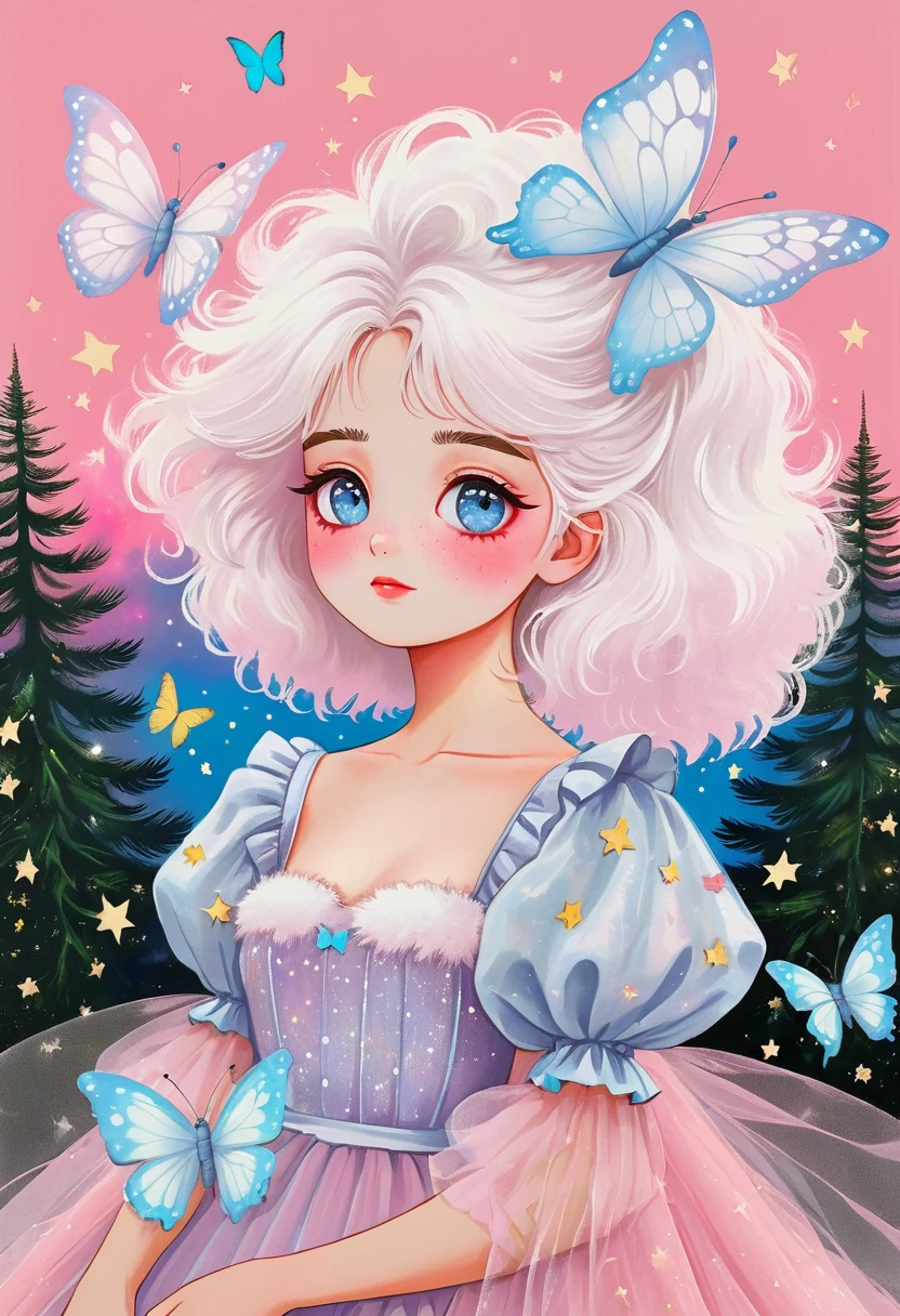 Rafael Silveira Collage Painting:Girl Portrait,Starry Eyes,White fluffy hair,There is a pine tree on my shoulders,Puff Sleeve Princess Tulle Dress-Tulle,Butterflies in the sky,Luminescence,Soft pink,Solid color background