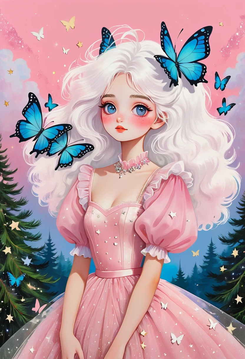 Rafael Silveira Collage Painting：Girl Portrait，Starry Eyes，White fluffy hair，There is a pine tree on my shoulders，Puff Sleeve Princess Tulle Dress-Tulle，Butterflies in the sky，Luminescence，Soft pink，Solid color background