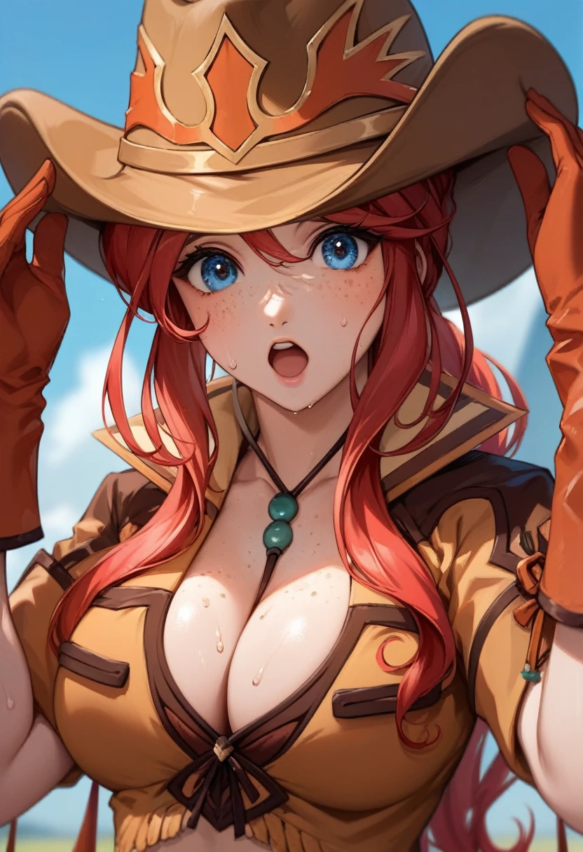 score_9, score_8_up, score_7_up, very aesthetic, source_anime, detailed, high quality, beautiful, masterpiece, detailed eyes, blurry background,
close-up, shocked facial expression, mouth open, shocked eyes, sweat,
gemini sunrise, red hair, long hair, blue eyes, freckles, sidelocks, big breasts, cleavage, facing the viewer, looking at the viewer,
cowboy hat, cowboy boots, fringe trim, gloves, zPDXL