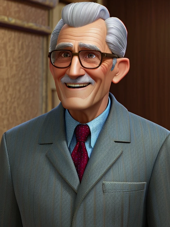 Pixarstyle A waist-high portrait of an elderly man with spy clothes, spy glasses, smile, natural skin texture, 4K textures, HDR, intricate, highly detailed, sharp focus, cinematic look, hyper-detailed