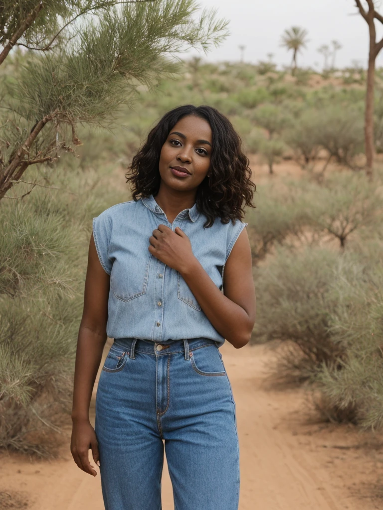 Amira, 1girl, solo, ((Sudanese woman)), consistent face and body, ((MILF)), ((30 years old)), (mature), ((slim)), ((Sudanese face)), (Sudanese nose), (Sudanese lips), short hair, upper body and upper legs, (background: Hollywood of Africa), BREAK, (wearing dessert clothes)