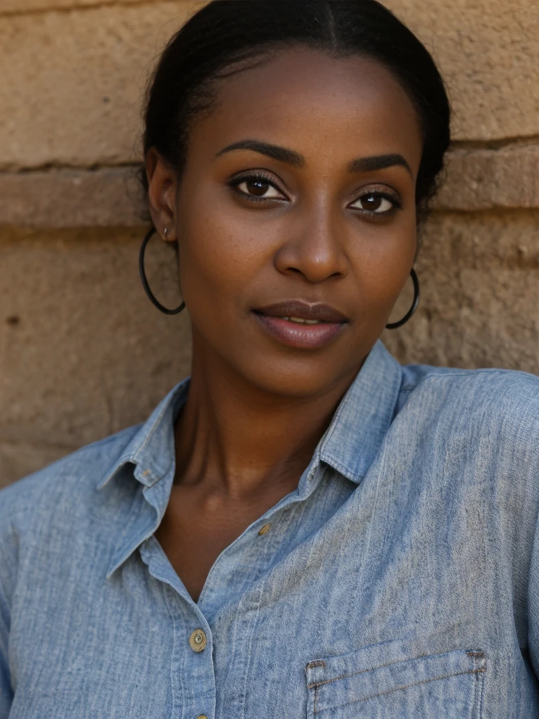Amira, 1girl, solo, ((Sudanese woman)), consistent face and body, ((MILF)), ((30 years old)), (mature), ((slim)), ((Sudanese face)), (Sudanese nose), (Sudanese lips), short hair, upper body and upper legs, (background: Hollywood of Africa), BREAK, (wearing dessert clothes)