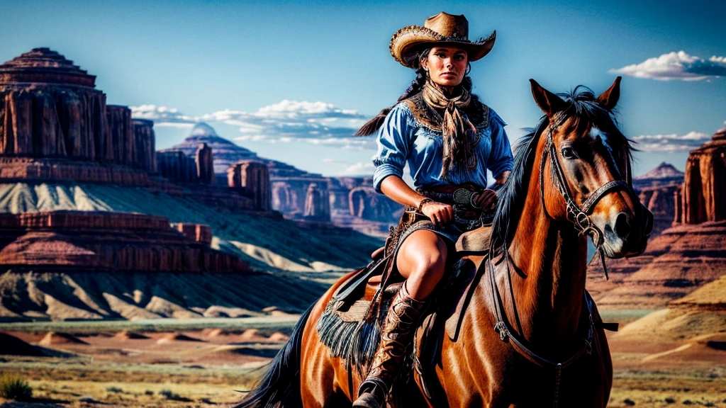 A cowgirl riding a horse through the wild west, with an indigenous friend, beautiful detailed eyes, beautiful detailed lips, extremely detailed eyes and face, longeyelashes, cinematic lighting, vibrant colors, detailed scenery, dynamic action pose, dramatic atmosphere, old west landscape, epic scale, award winning digital art
