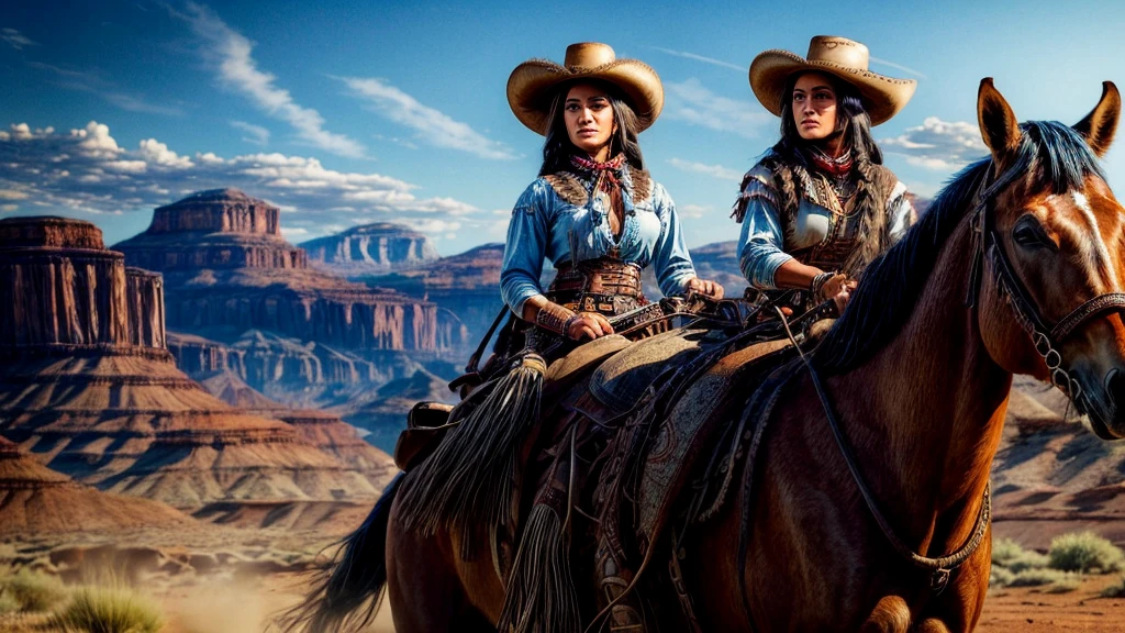 A cowgirl riding a horse through the wild west, with an indigenous friend, beautiful detailed eyes, beautiful detailed lips, extremely detailed eyes and face, longeyelashes, cinematic lighting, vibrant colors, detailed scenery, dynamic action pose, dramatic atmosphere, old west landscape, epic scale, award winning digital art