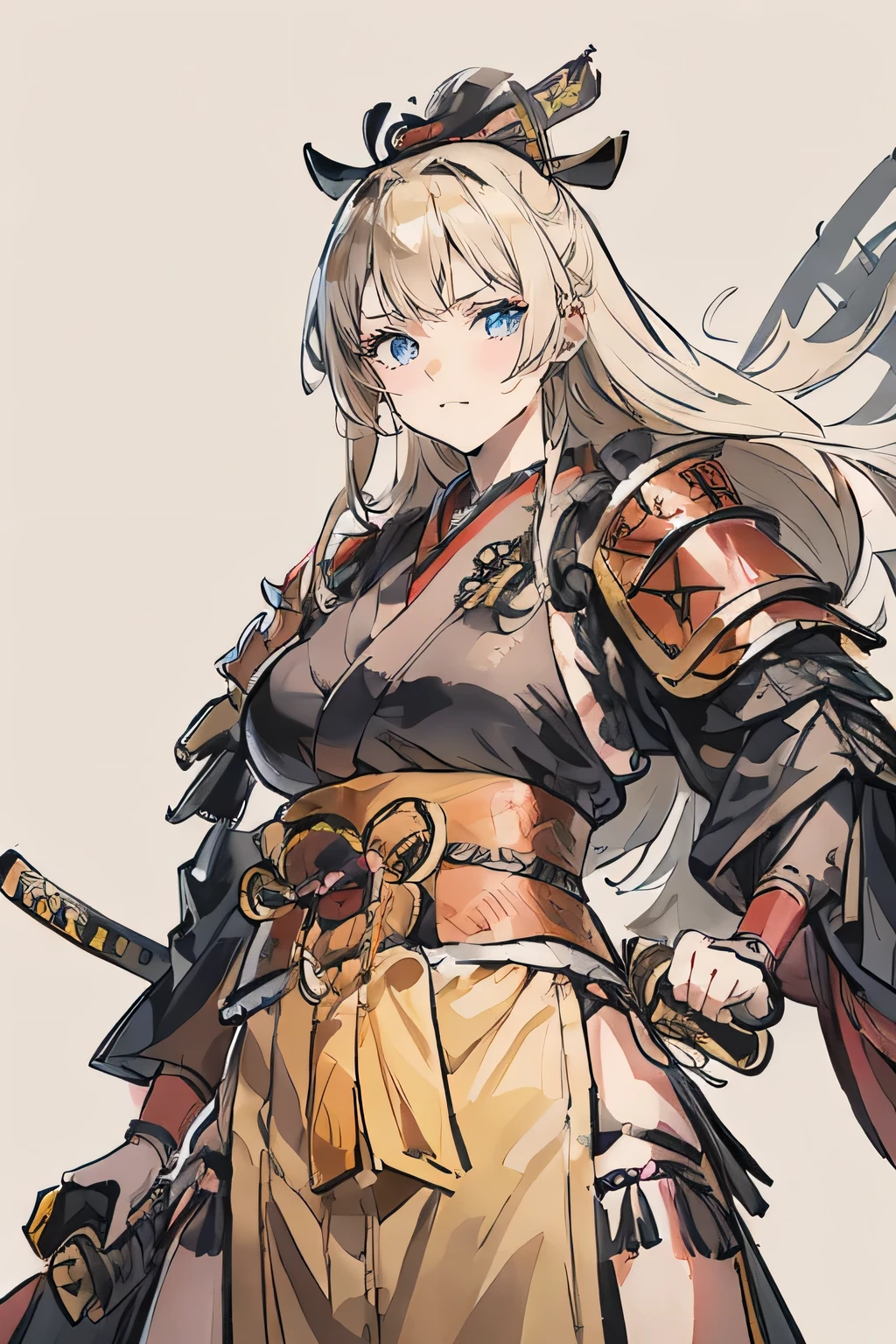 Sumogirl, a yellow haired , wearing a black sumo armor, long hair, fasion hair, samurai armor, slim body, shirt ornament, hakama, tall 165cm, 22yearold, samurai, katana, female, beautiful, sexy, vilian face, use 2 katana