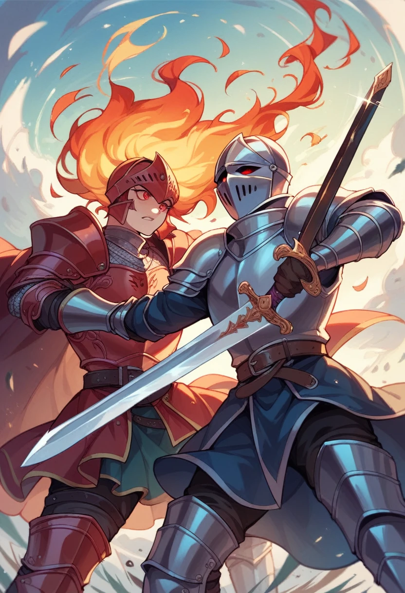 create an image with 2 characters that are fighting ,the first a medieval knight in black armor with illuminated red eyes, with a sword that glows blue, and the second a medieval knight in flaming red armor with a black sword with his eyes glowing purple