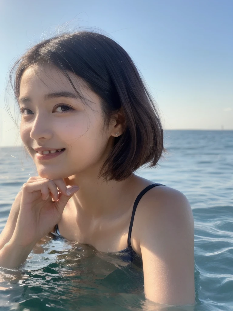 8k,HD,photo,Japanese and Korean girls in the beautiful sea in summer,Surfing while standing on a surfboard,graceful posture,Eyes to the camera,fit,Delicate, fair and delicate skin,Have fresh and neat short hair,makeup,The focus of the picture is to show that the girl has beautiful double eyelids and big eyes,Smooth pointed chin,Smile,The expression looks very happy and enjoyed,The sun shines on the face,Very three-dimensional,The screen only shows the upper body,The hand posture and number of fingers are consistent with the logic of the real human body,Portrait,The shooting lens is 3.5MM
