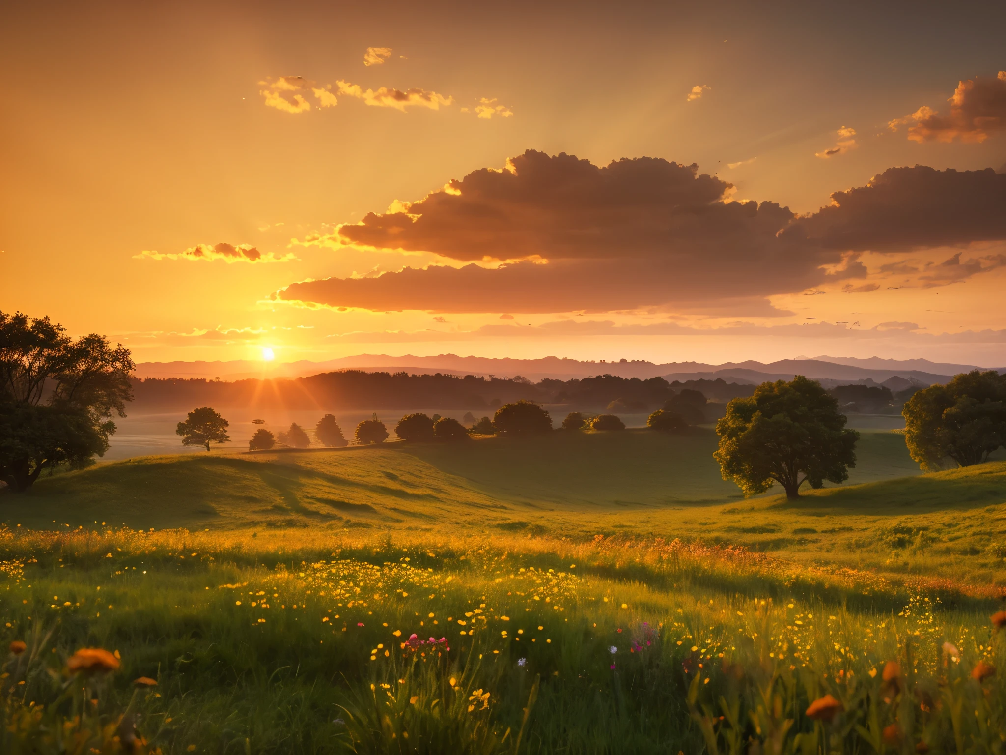 a serene morning landscape, a beautiful golden sunrise over the horizon, a lush meadow with wildflowers, a tranquil lake reflecting the sky, a lone tree silhouetted against the dawn sky, birds taking flight, atmospheric lighting, warm color tones, cinematic composition, (best quality,4k,8k,highres,masterpiece:1.2),ultra-detailed,(realistic,photorealistic,photo-realistic:1.37),landscape,nature,morning,dawn,scenic,peaceful,idyllic,serene,atmospheric,cinematic