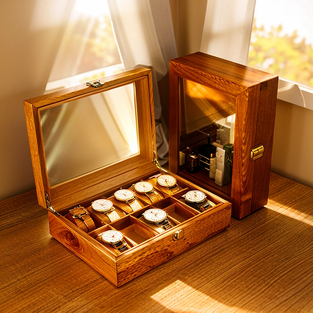 In this cozy room,A ray of sunlight shone through the half-drawn curtains on the table,Let the wood grain on the watch storage box shine with a faint luster。There was a calm and peaceful atmosphere in the air around them。There are several still lifes hanging on the walls of the room,It adds a touch of elegance to the space。And on the other side of the room,The half-open window lets in the breeze,The pages on the small desk by the window turned in the wind,This quiet scene gives a sense of tranquility and comfort。