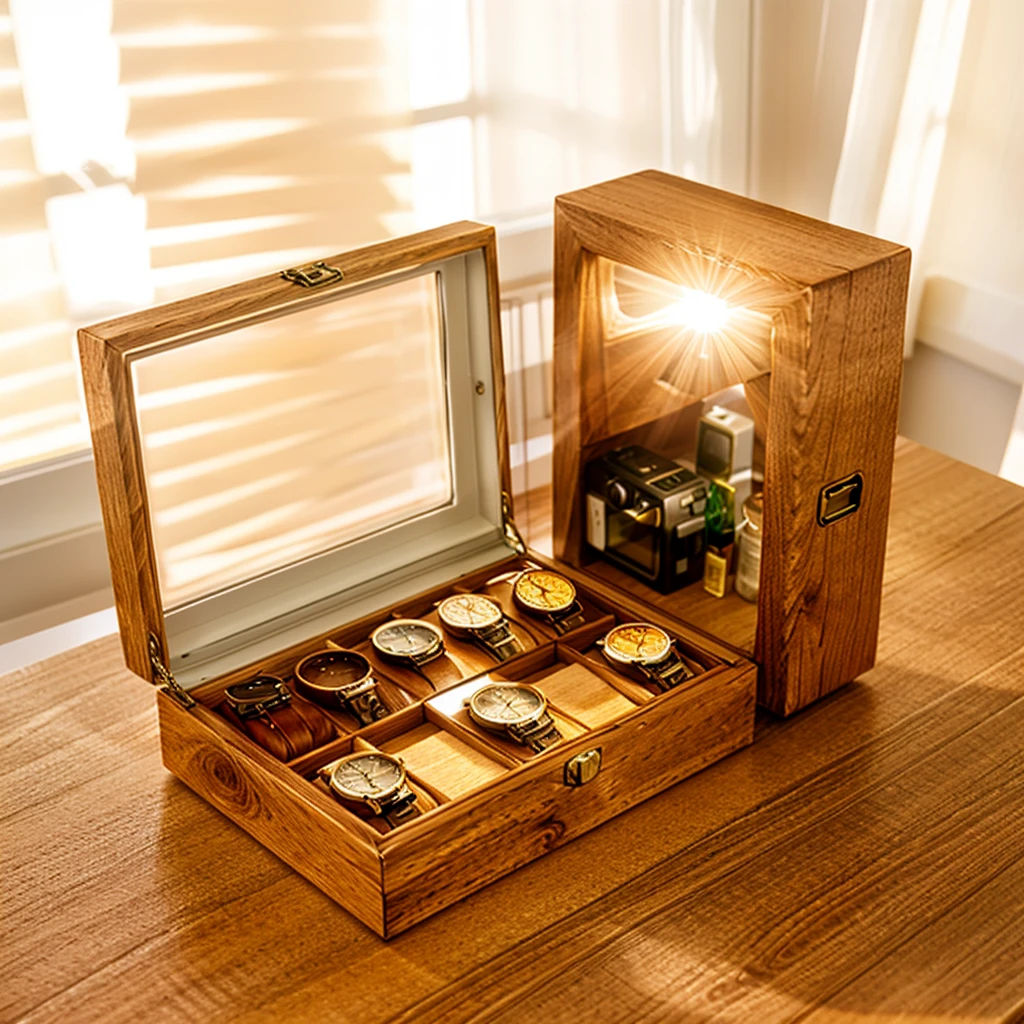 In this cozy room,A ray of sunlight shone through the half-drawn curtains on the table,Let the wood grain on the watch storage box shine with a faint luster。There was a calm and peaceful atmosphere in the air around them。There are several still lifes hanging on the walls of the room,It adds a touch of elegance to the space。And on the other side of the room,The half-open window lets in the breeze,The pages on the small desk by the window turned in the wind,This quiet scene gives a sense of tranquility and comfort。